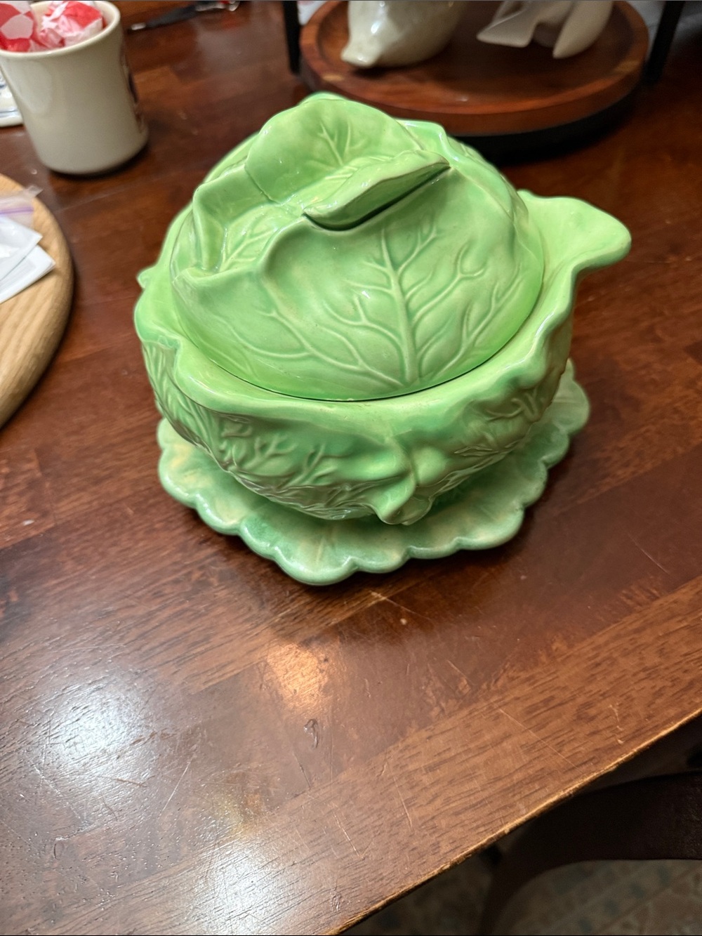 Vintage Holland Mold Green Cabbage Leaf Ceramic Butter Keeper